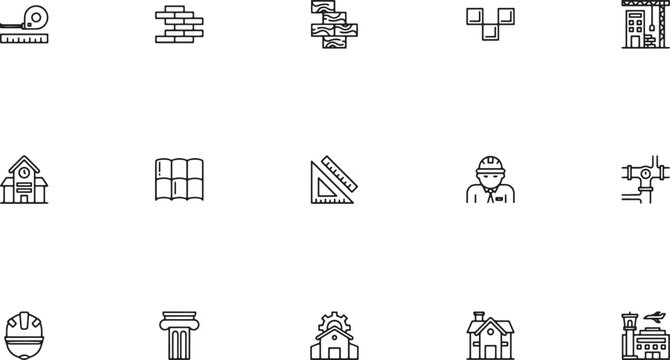 Architecture Planning icon set highlighting building construction featuring brick walls detailed floor plans structural windows and measurement rulers outline vector