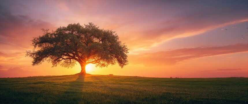 Majestic Oak Tree Silhouette at Sunset - Tranquil Landscape, Warm Colors, Wide Shot