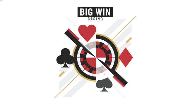 Big Win Casino vector poster featuring classic playing card suits roulette wheel and dynamic geometric lines.