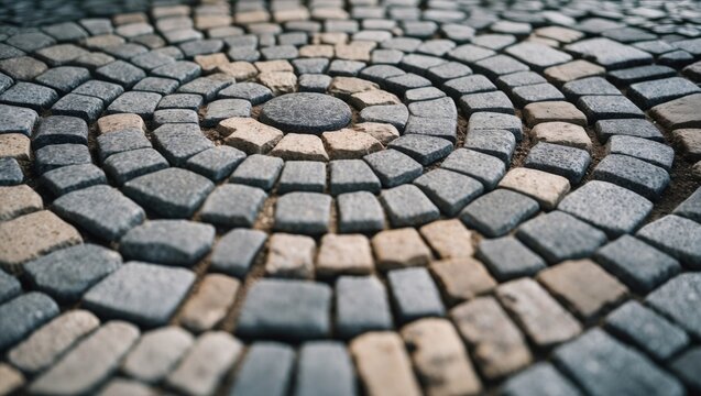 Stone road texture. Stone walk background. Granite cobblestoned pavement background. Rough brick road. Sidewalk. Stone cladding pavement.