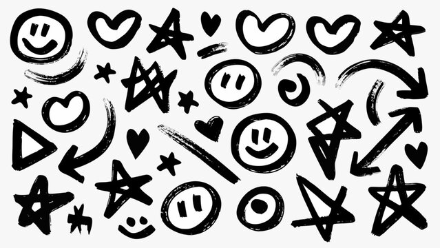 Hand drawn doodle collection featuring stars hearts and smiley faces black on white background abstract