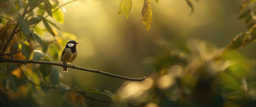 Bird Sitting on a Branch in Soft Morning Light with Blurred Background