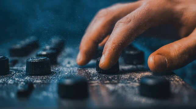 Close up hand adjusting audio mixing console controls