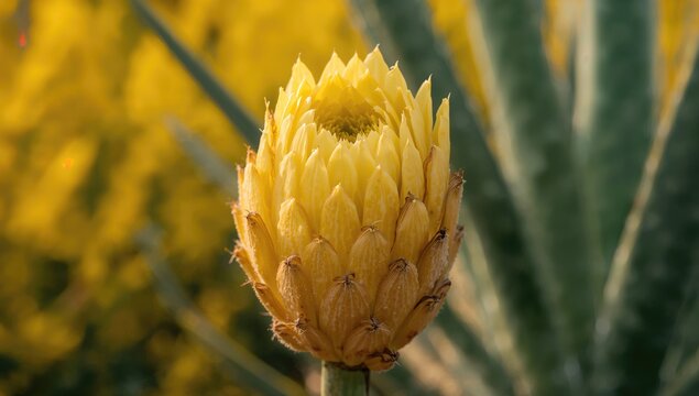 Yellow Cactus Flower Bud in Bloom - Desert Landscape, Sunlit Background, Close-Up