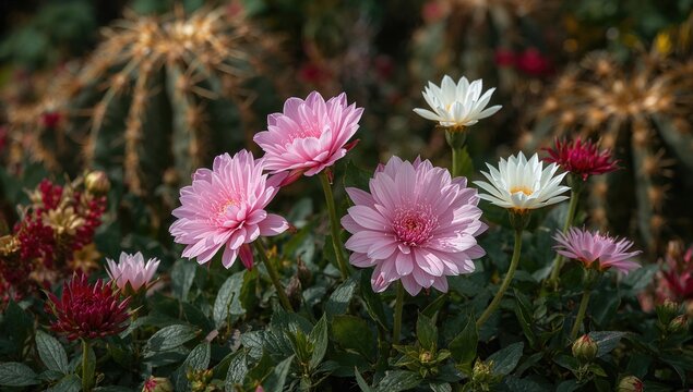 Colorful Pink and White Flowers Growing Amongst Cacti in a Garden Setting