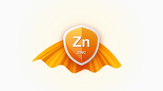 Zinc Superpower Shield Icon. Animated chemical element symbol with a superhero cape, representing immune system protection and strength. Perfect for health and nutrition science videos