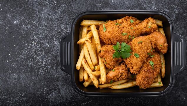 Fried chicken legs and French fries in a takeout container