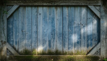 Naklejka premium Weathered Blue Wooden Fence Panel with Rustic Texture and Natural Shadows