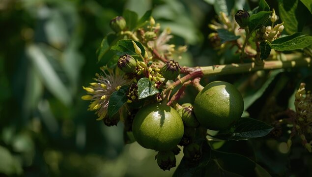 Green avocados growing on a tree branch with flowers
