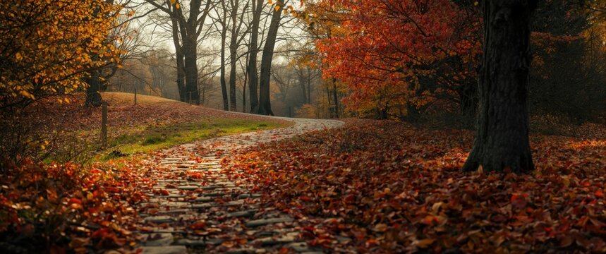 Winding Path Through Autumn Forest - Warm Light, Fallen Leaves, Tranquil Scene
