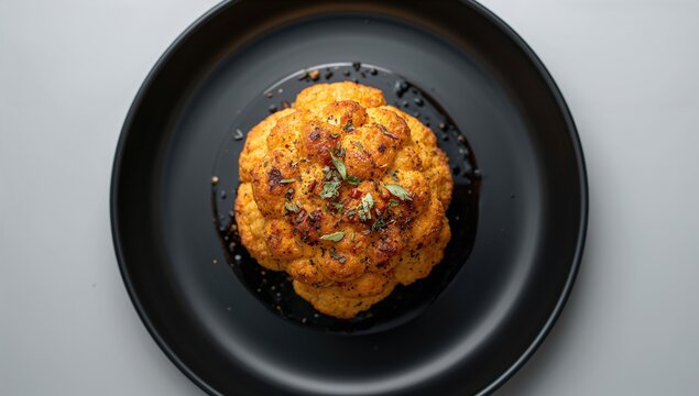 Roasted Cauliflower Steak with Herbs - Black Plate, Top View, Gourmet Presentation