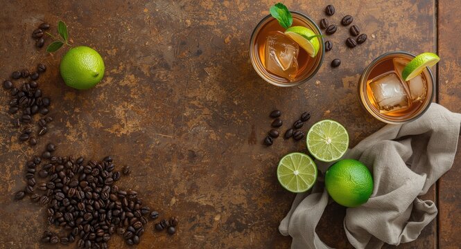 Glasses of Iced Tea with Lime and Coffee Beans on a Rustic Surface
