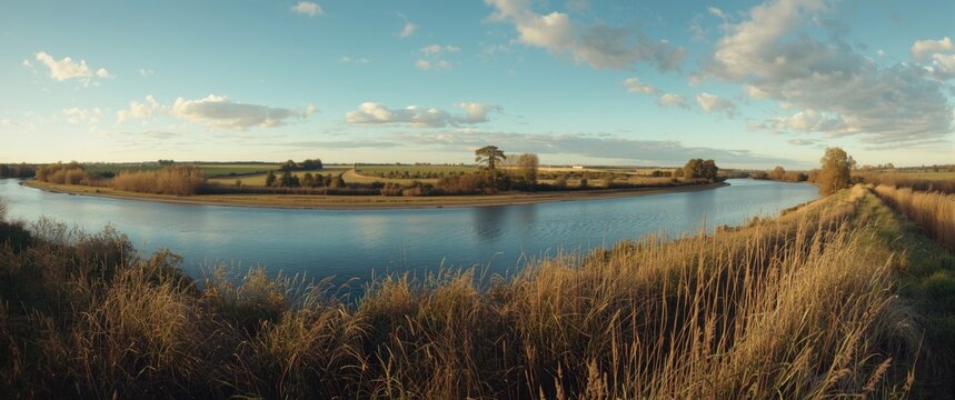 Panoramic View of a Serene River Curving Through Autumn Grasslands Under a Bright Sky