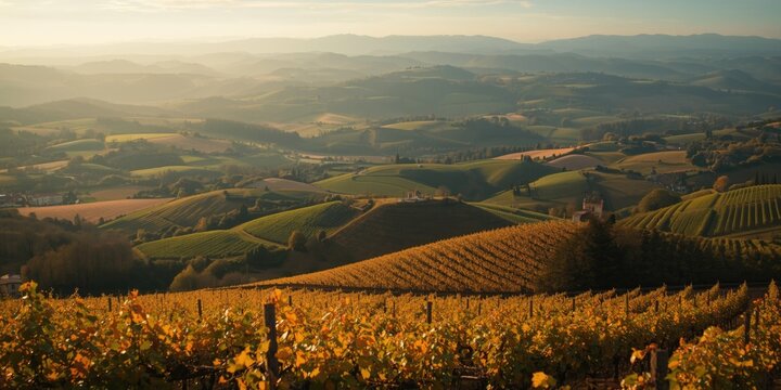 Golden Vineyard Landscape at Sunset - Rolling Hills, Warm Light, Tranquil Scene