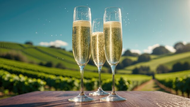 Tasting of sparkling white wine, traditional champagne method making of cremant in caves along the Moselle river valley in Luxembourg, wine glasses and scenic view of terraced vineyards