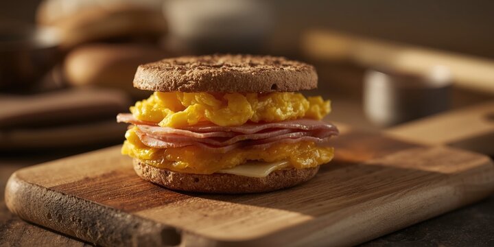 Breakfast Sandwich with Scrambled Eggs and Ham on a Wooden Board in Soft Lighting