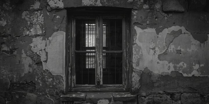Abandoned Window on Weathered Wall with Peeling Paint in Black and White