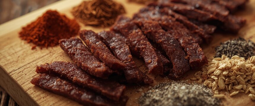 Beef Jerky Strips Arranged on a Wooden Board with Spices and Oats