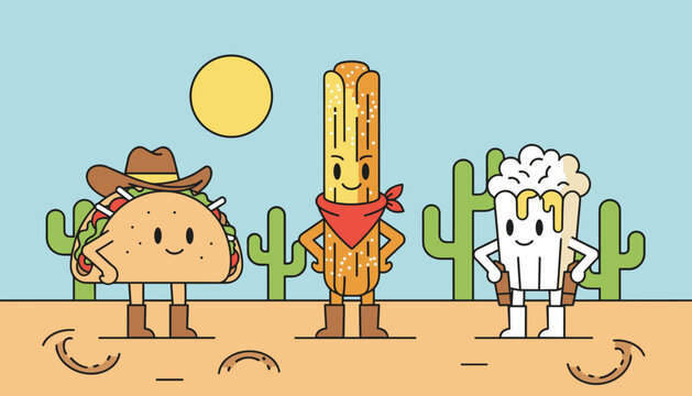 Funny Mexican food characters dressed as cowboys standing in a dry desert landscape with green cacti and sun.