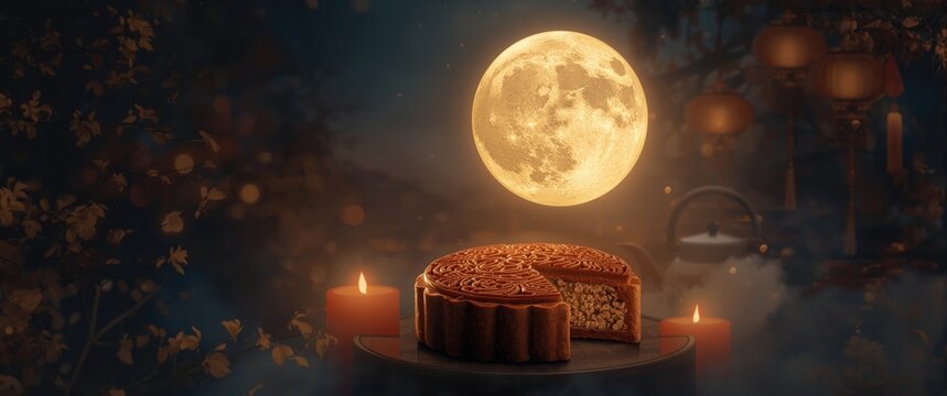 Mooncake on a Table with a Full Moon and Soft Candlelight in a Night Setting