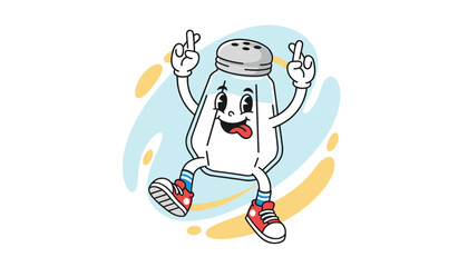 Fototapeta premium Funny salt shaker cartoon character crossing fingers for good luck while jumping happily on a white background.