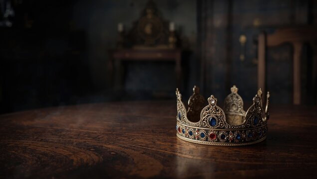 Ornate Golden Crown on a Wooden Table in a Dimly Lit Room