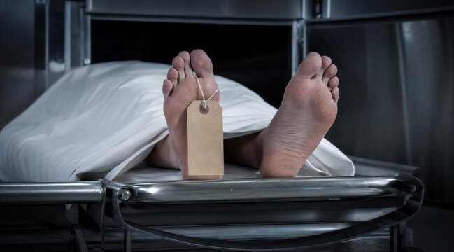 Deceased person on gurney with toe tag