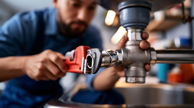 Faceless plumber clearing a clogged pipe under a sink with a red pipe wrench, documentary-style maintenance scene with believable home interior details and practical service workflow,