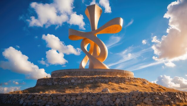 The serpentine cross sculpture situated atop a mountain bathed in sunlight against a clear blue sky.