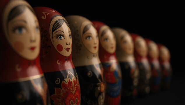 Russian Nesting Dolls in a Row - Dark Background, Close-Up, Cultural Detail