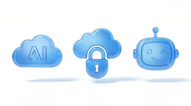 Blue glossy 3D icons representing AI, cloud security, and robotics on a white background.