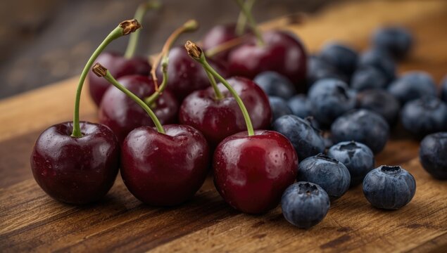 Fresh cherries and blueberries on a wooden surface