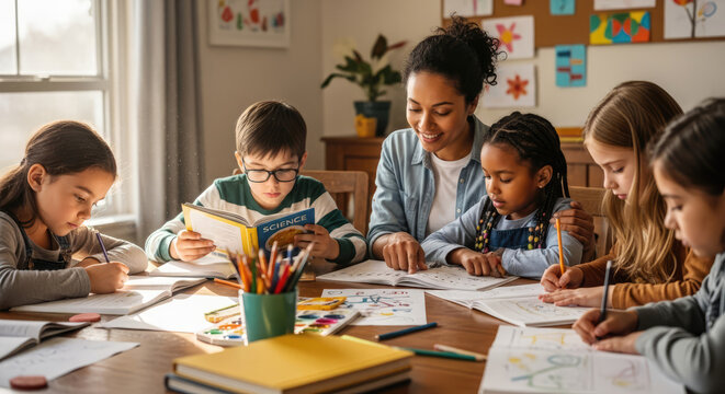 Teacher guiding group of diverse children during classroom activity.