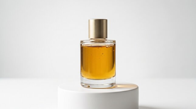Golden Elixir: A minimalist photograph showcases a clear glass perfume bottle filled with a warm, amber liquid, topped with a metallic gold cap. The bottle sits elegantly on a white pedestal.