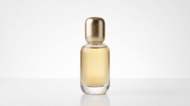 Elegant Perfume Bottle: A minimalist presentation of a chic perfume bottle with a golden cap, showcasing its delicate fragrance and luxurious appeal against a clean backdrop.