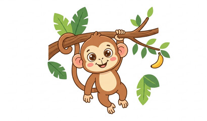 Fototapeta premium Cute monkey hanging on tree branch cartoon vector illustration with playful baby jungle animal isolated on white background