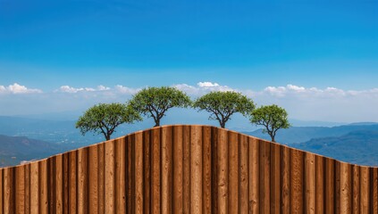 Fototapeta premium Trees on a Wooden Fence Overlooking a Scenic Landscape Under a Blue Sky