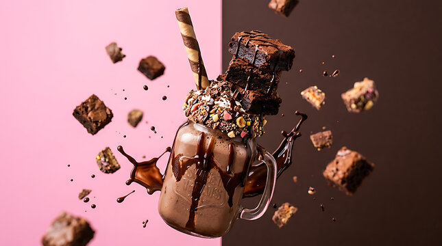 Decadent chocolate milkshake with brownie pieces and wafer straw against a dual-tone pink and dark brown background milkshake chocolate beverage indulgent