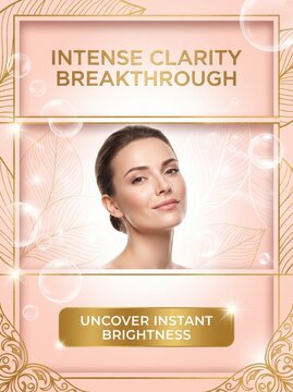 Skincare product advertisement with beautiful woman, intense clarity breakthrough banner, premium gold and pink cosmetic poster for instant brightness