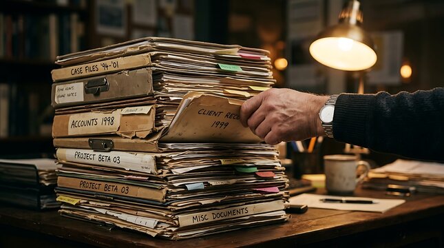 Old archive documents in stacked folders on wooden desk with warm desk lamp lighting documents paperwork historical research