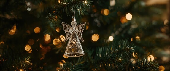 Fototapeta premium Christmas Angel Ornament Hanging on a Tree with Warm Light Background