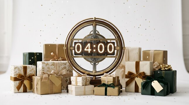 New Year Countdown with Gifts: A collection of elegantly wrapped gift boxes surrounds a clock face displaying 04:00, signaling an imminent celebration and festive occasion.