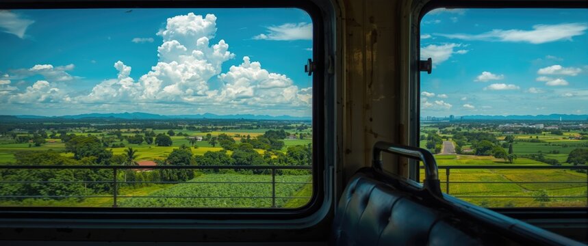 Train Window View of Lush Green Fields - Scenic Landscape, Bright Blue Sky, Daylight
