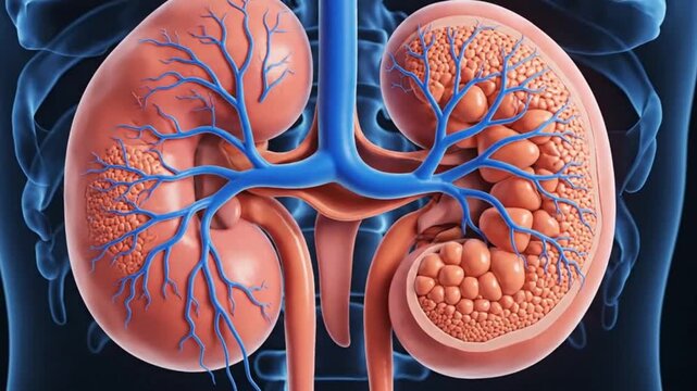 3d illustration of human kidneys with internal vascular structure and renal anatomy