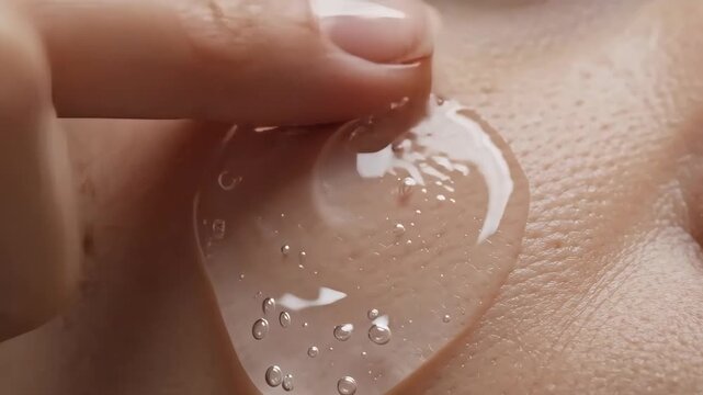 Extreme close-up of clear hyaluronic acid serum applied to skin. Finger spreading hydrating gel from a glass dropper. Skincare and beauty routine concept