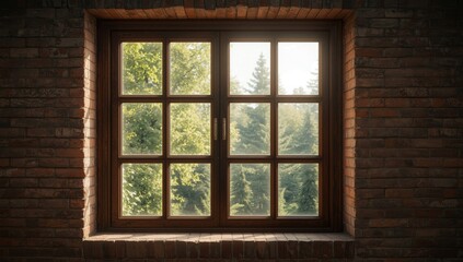 Fototapeta premium Wooden Window Framed by Brick Walls Overlooking Lush Green Trees Outdoors