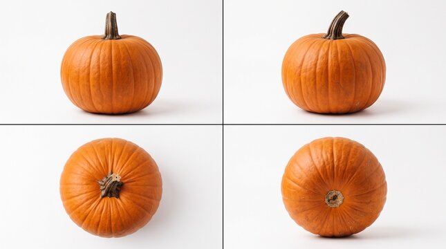 Four Pumpkins, Still Life Study: A quartet of vibrant orange pumpkins, showcasing their unique textures and stem variations from different angles.