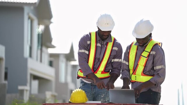 Two black inspector man pointing hand at residential property building construction site with laptop computer during teamwork inspection project planning