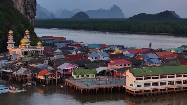 Aerial view of ko panyi floating fishing village, Thailand