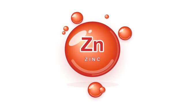 Zinc Chemical Element Animation. A 3D animated red sphere representing the nutrient Zinc with floating bubbles on a clean white background. Perfect for health and science projects.